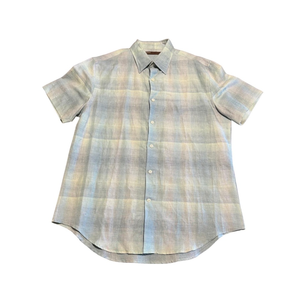 Perry Ellis Men Linen Button-Up Cotton Shirt Pastel Plaid